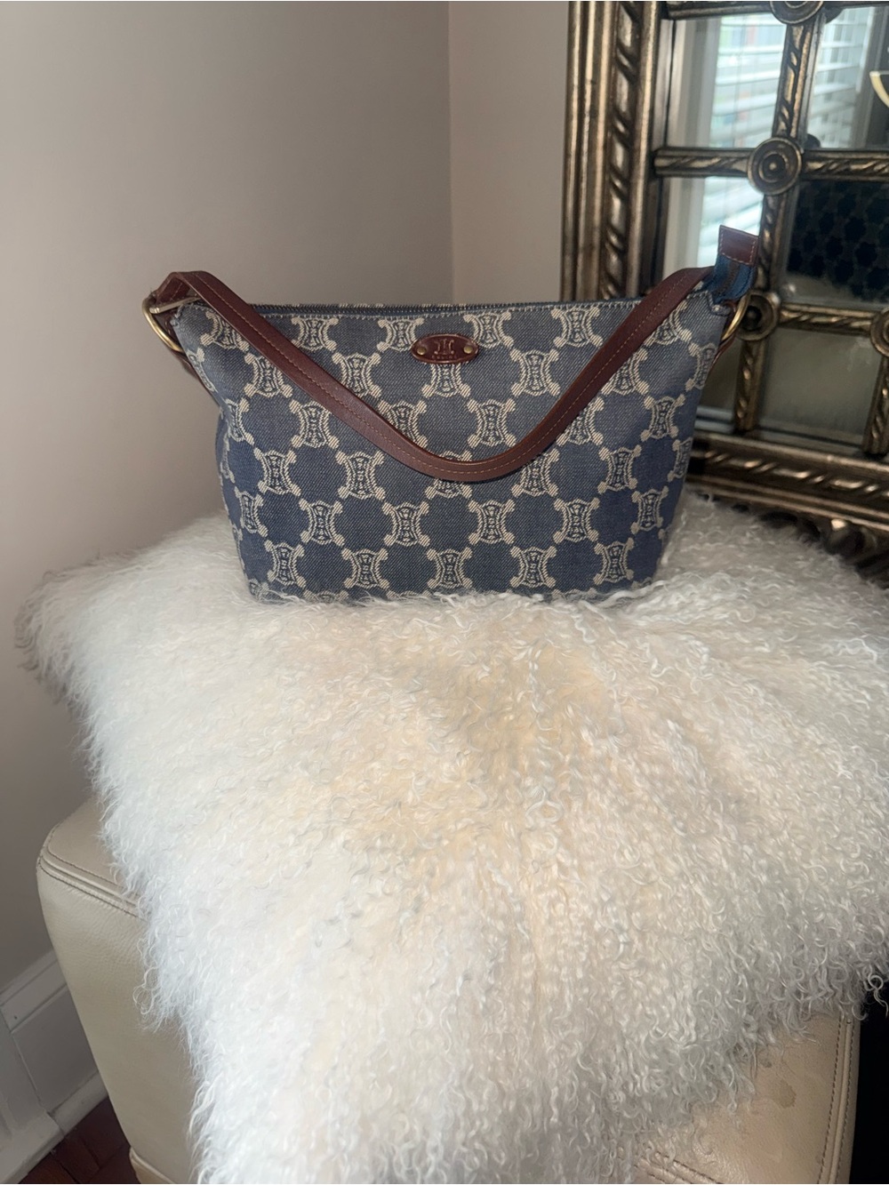 VINTAGE Celine Paris Macadam Denim Triomphe Baguette Shoulder Bag Blue